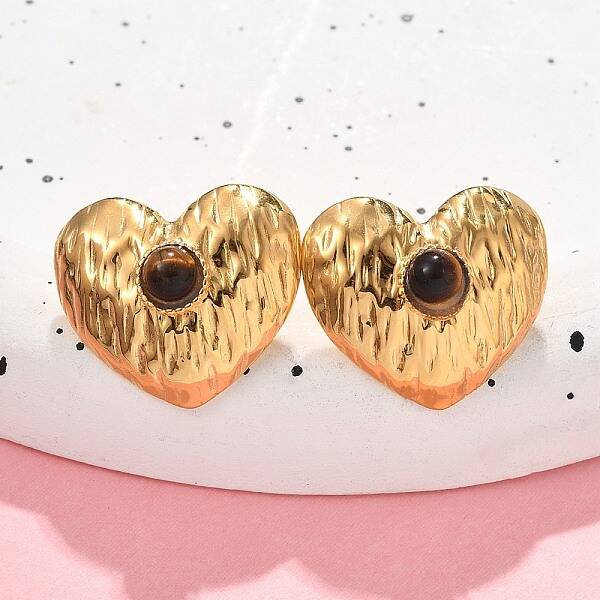 304 Stainless Steel Tiger Eye Stud Earrings