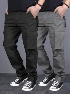 Men's Solid Color Flap Pocket Drawstring Waist Cargo Pants, Loose Casual Fit Street Elastic Waist Straight Leg Trousers for D...