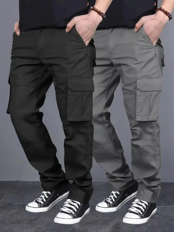 Men's Solid Color Flap Pocket Drawstring Waist Cargo Pants, Loose Casual Fit Street Elastic Waist Straight Leg Trousers for D...