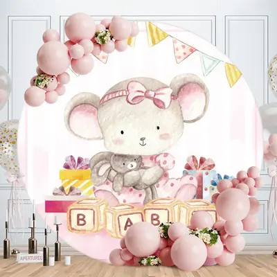 Aperturee Pink Bear Circle Baby Shower Backdrop For Girl