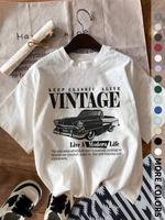 Women's Vintage Car & Letter Print Round Neck Tee, Casual Short Sleeve Crew Neck T-shirt for Summer, Fashion Women's Top for ...