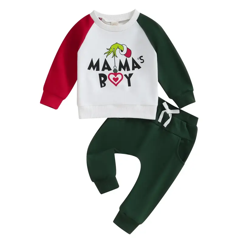 Toddler Boy Christmas Clothes Letter & Monster Hand Print Long Sleeve Pullover Elastic Waist Pants 2Pcs Warm Outfit