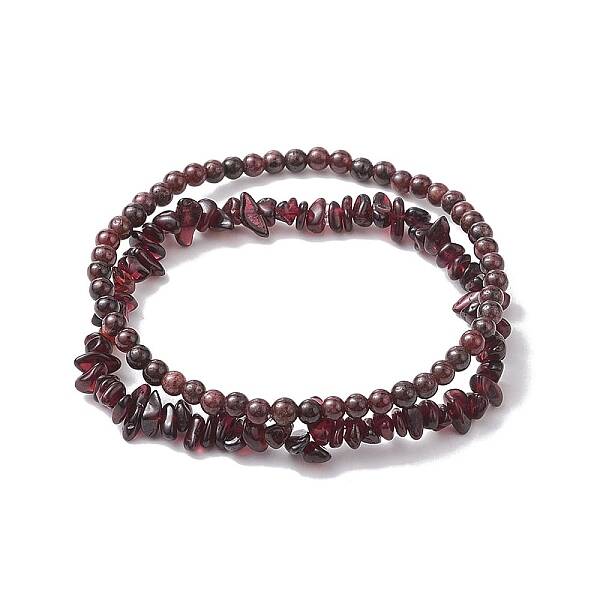 Chip & Round Natural Garnet Beaded Stretch Bracelets for Women