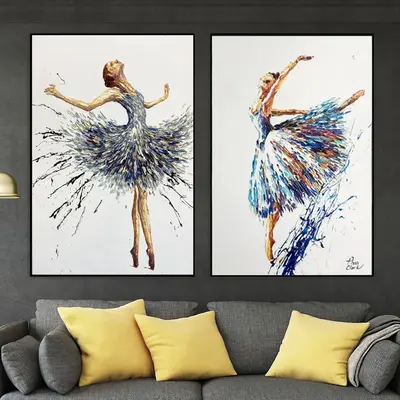 Large Abstract Ballerina Painting on Canvas Girl Dancer Artwork Impasto Oil Painting Diptych Wall Art Heavy Textured Art | BA...