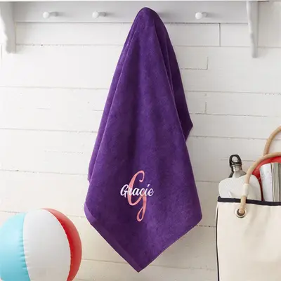 Purple Custom Embroidered Name Initial Beach Towel - Aperturee