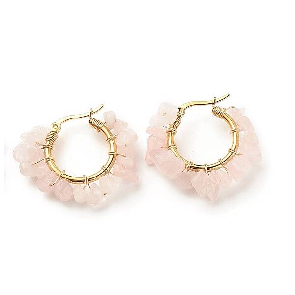 Natural Rose Quartz Chips Braided Hoop Earrings