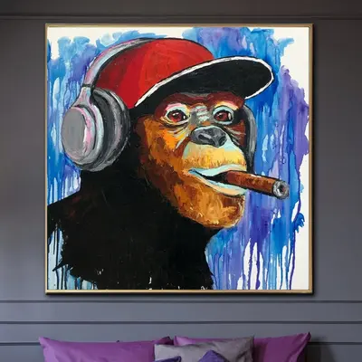 Large Monkey With Cigar Pop Art Painting On Canvas 50x50 Impasto Artwork Animal Canvas Art Monkey Abstract Painting  Wall Dec...