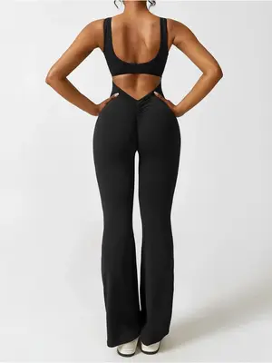 Women's Plain Cut Out Flare Leg Sports Tank Jumpsuit, Summer Clothes, Sporty Backless Square Neck Jumpsuit for Yoga Gym Worko...
