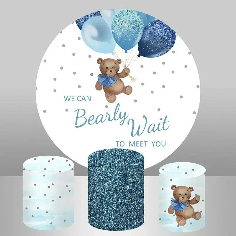 Aperturee Blue Balloons Round Teddy Baby Shower Backdrop Kit | Round Backdrop Cover Diy | Circle Background For Party | Round...