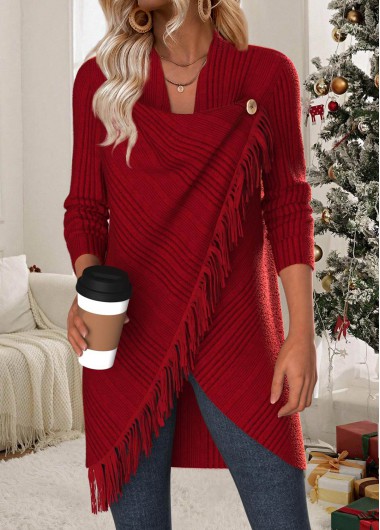 Modlily Wine Red Tummy Coverage Long Sleeve Draped Neck Coat - M