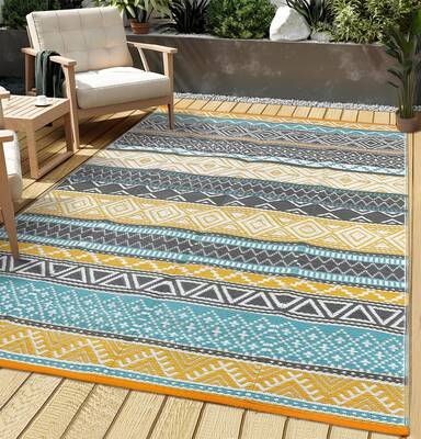 Garvee Outdoor Teal & Yellow 10x20 Large Outdoor Rug Waterproof Reversible Durable Polypropylene UV Resistant Portable Campin...