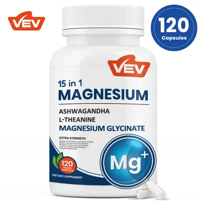 VEV 15 in 1 Magnesium Citrate & Glycinate Complex Capsules, Cortisol Support with Ashwagandha & L-Theanine, 120 Vegan Capsule...