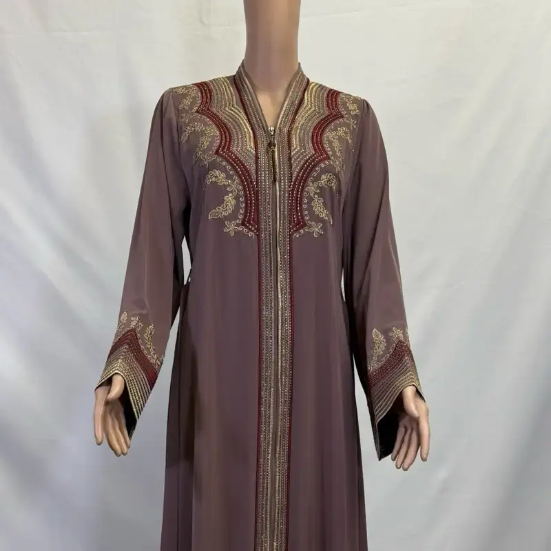 Mauve Pink Zippered Embroidered Rhinestoned Abaya with Belt - Elegant Design for Stylish Wear