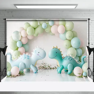 Green Blue Balloons Dinosaurs Cake Smash Backdrop