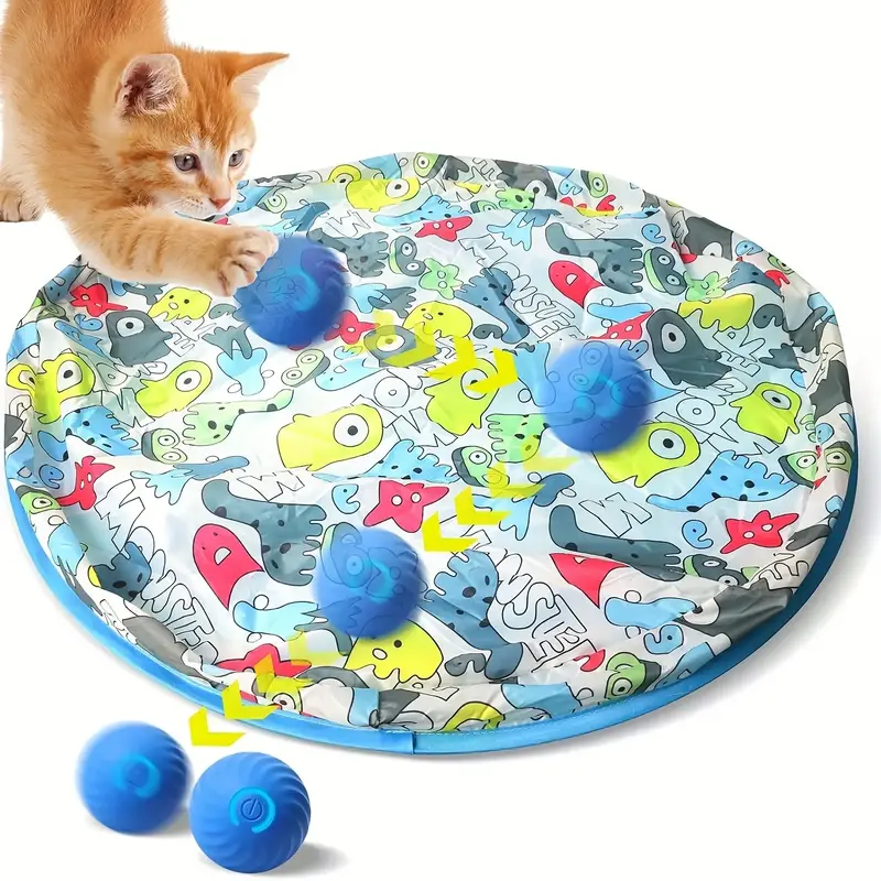 Interactive Cat Toys, Interactive Cartoon Hide And Seek Cat Toy, Fast Rolling Ball In Play Mat, Rechargeable Interactive Cat ...