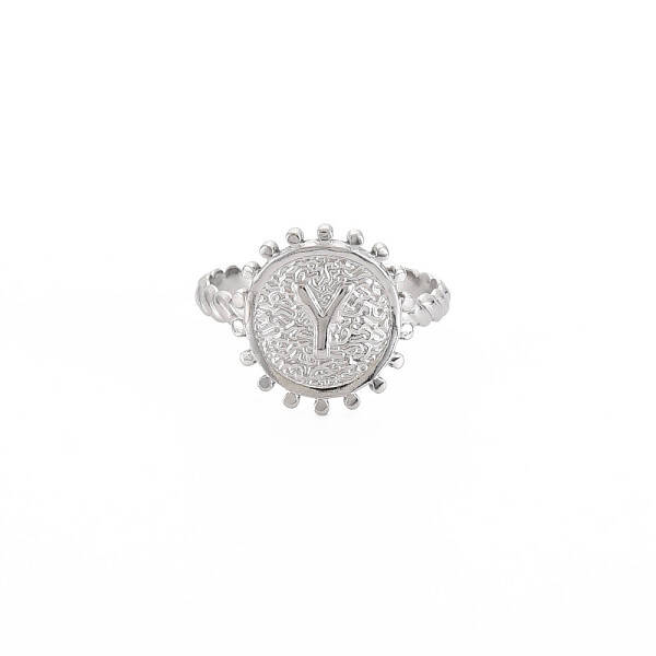 Non-Tarnish 304 Stainless Steel Flat Round with Initial Letter Open Cuff Ring for Men Women