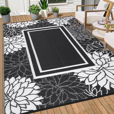 Garvee Waterproof Reversible Outdoor Rug 8x10 Floral Border UV-Resistant Plastic Straw Portable with Stakes for Patio Deck Be...