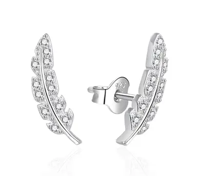 Agato Long Silver Feather Earrings with Zirconia AGT-E085PW