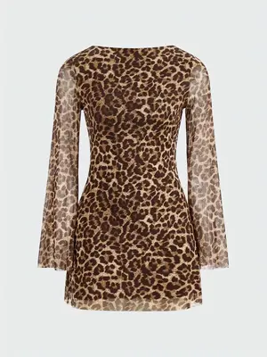 Women's Leopard Print Fitted Longsleeves Flounce Sleeve Tulle Casual Bohemian Dress, Feminine Fashion Casual Elegance Tie Bac...