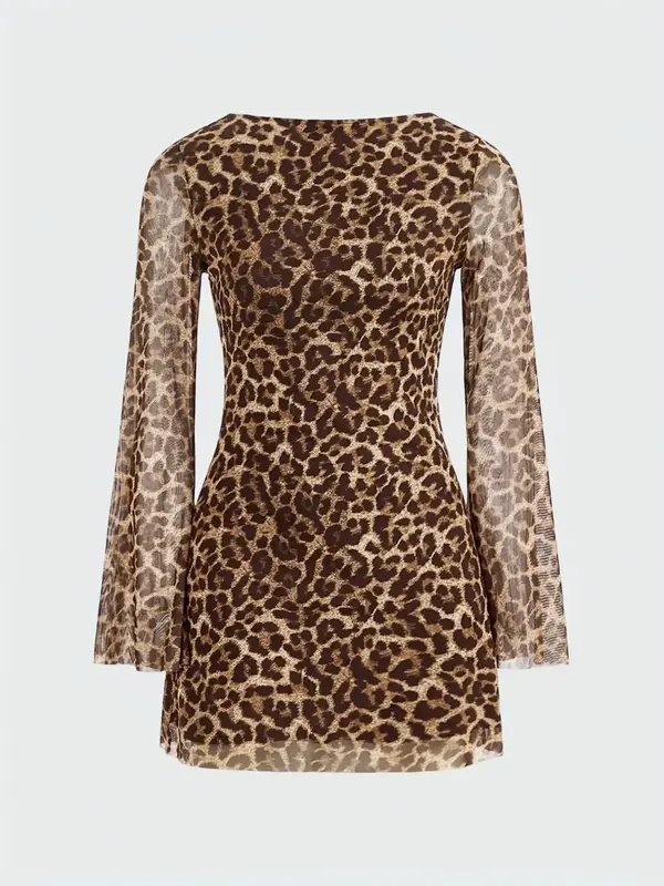 Women's Leopard Print Fitted Longsleeves Flounce Sleeve Tulle Casual Bohemian Dress, Feminine Fashion Casual Elegance Tie Bac...
