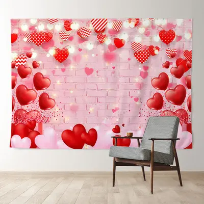 Aperturee Pink Brick Red Heart Happy Valentines Day Backdrop