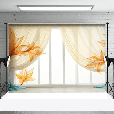 Window And Door Orange Yellow Curtain Floor Backdrop - Aperturee