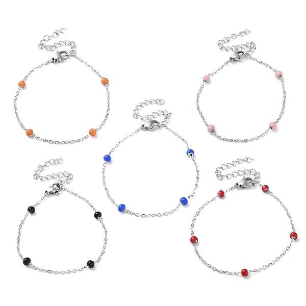 304 Stainless Steel Cable Chain Bracelet with Enamel Rondelle Beaded