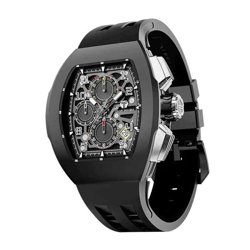 TSAR BOMBA Men's Quartz Watch | Black | Atomic TB8214 | Fluororubber Bezel | Luxury Sport Watch | 50M Waterproof Sapphire Gla...