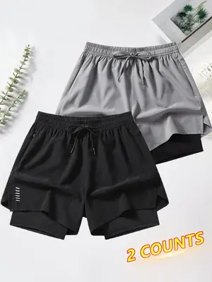 Men's Letter Graphic 2 in 1 Drawstring Waist Track Shorts, Back To School Outfits, Casual Loose Zipper Pocket Split Hem Short...