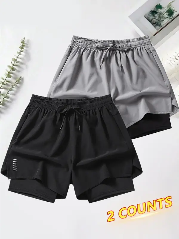 Men's Letter Graphic 2 in 1 Drawstring Waist Track Shorts, Back To School Outfits, Casual Loose Zipper Pocket Split Hem Short...