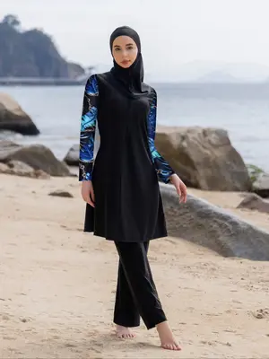 Women's Plants Print Long Sleeve Swim Top & Swim Bottom & Swim Hat Islamic Swimwear Set, Modest Muslim Swimwear Set for Beach...