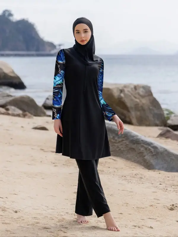 Women's Plants Print Long Sleeve Swim Top & Swim Bottom & Swim Hat Islamic Swimwear Set, Modest Muslim Swimwear Set for Beach...