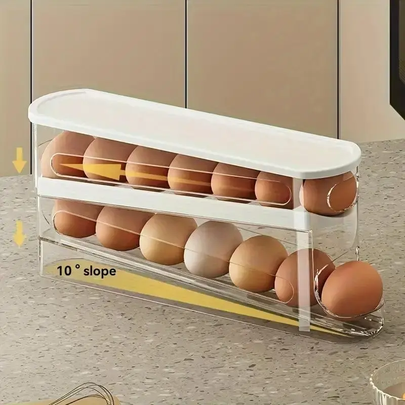 Space Saving Rolling Egg Storage Box, Clear Egg Holder, Durable Plastic Egg Organizer, Essential Kitchen Accessory, Household...