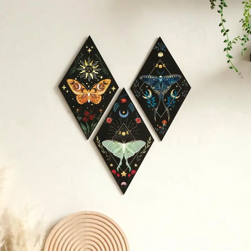 Room Decor Wooden Butterfly & Moon & Star Pattern Wall Art, 3 Counts Boho Style Wall Decor, Room Decor Decorations for Home L...