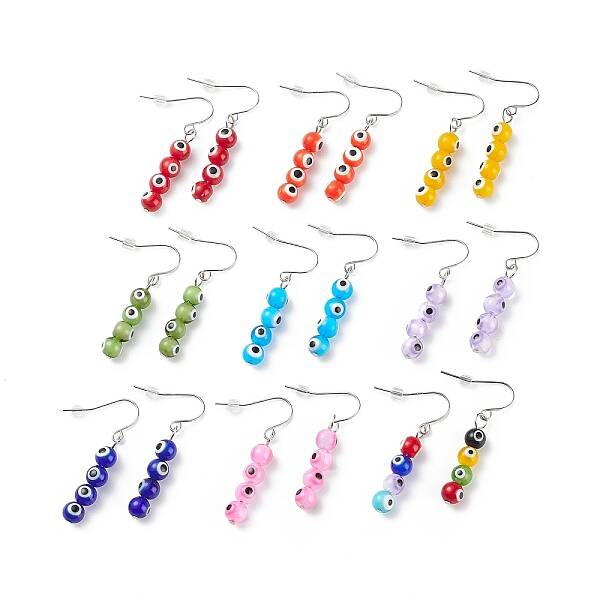 9 Pairs 9 Color Lampwork Evil Eye Round Beaded Dangle Earrings