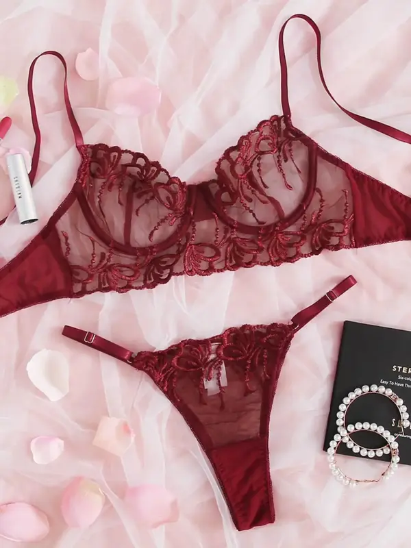 Women's Floral Embroidery Bra & Sheer Thong Set, Adjustable Spaghetti Straps Lingerie & Panty, Women's Lingerie & Underwear f...