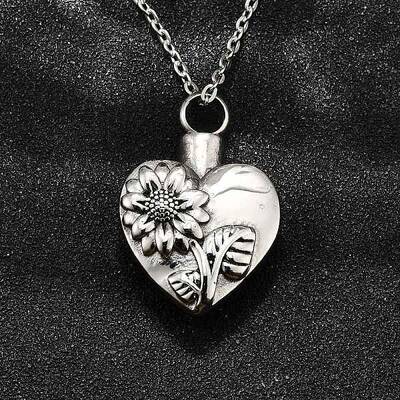 304 Stainless Steel Heart Sunflower Cinerary Casket Pendant Necklaces