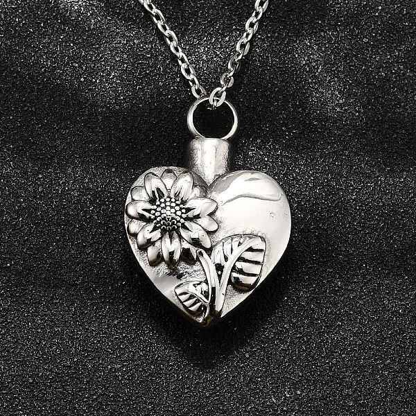 304 Stainless Steel Heart Sunflower Cinerary Casket Pendant Necklaces