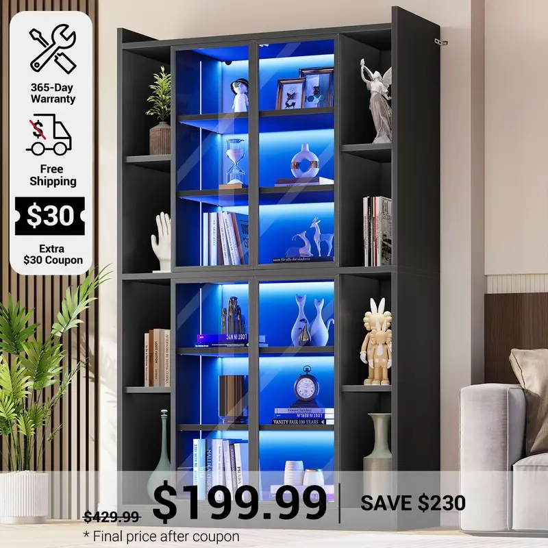 SEDETA | 70.9 Inch Bookcase with LED Lights Display Cabinet for Collectibles with Glass Doors Adjustable Storage Shelves Blac...