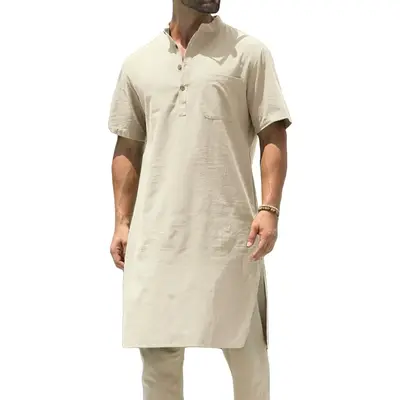 Beotyshow Mens Kurta Cotton Linen Henley Shirts Kaftan Short Sleeve Lounge Plain Gown Shirt