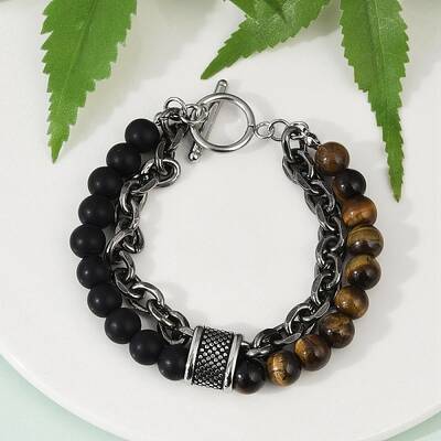 Natural Round Tiger Eye & Frosted Black Bead Bracelets