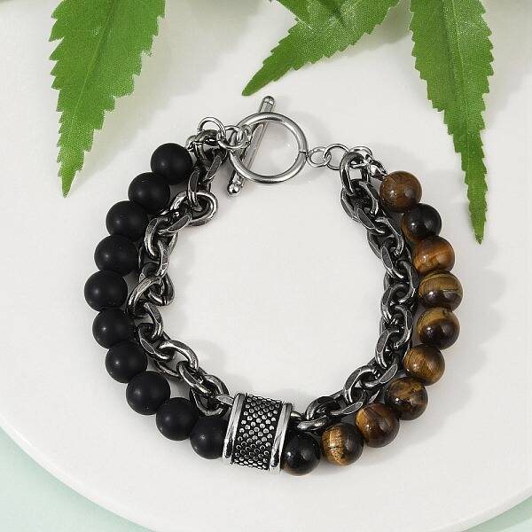 Natural Round Tiger Eye & Frosted Black Bead Bracelets