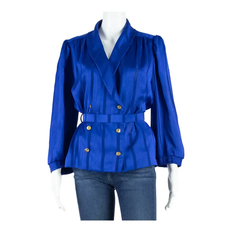 Womens Printed Blouse Blue V-Neck Puff Sleeve Striped M