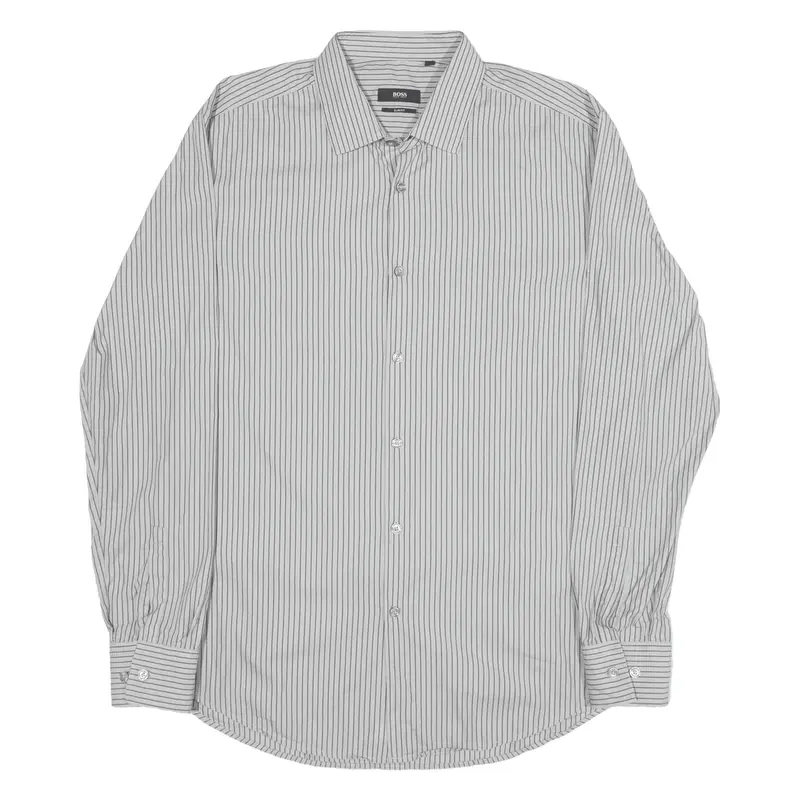 HUGO BOSS Slim Fit Shirt Grey Striped Long Sleeve Mens L
