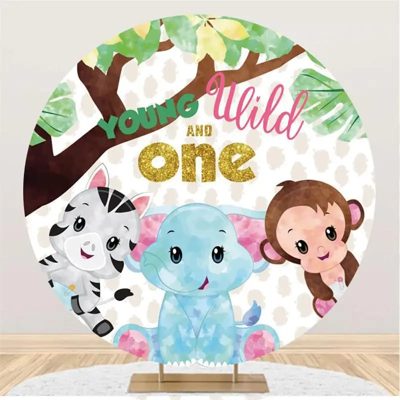 Aperturee Elephant And Animals Round 1st Birthday Backdrop