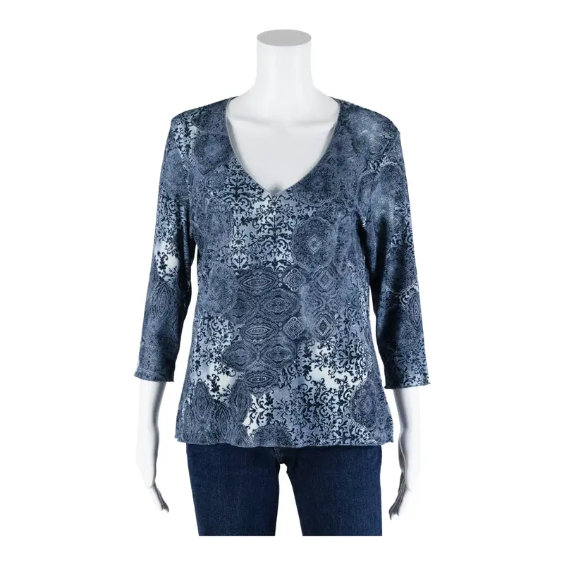 CANDA Stretch Mesh Top Blue V-Neck Crazy Pattern 3/4 Sleeve Womens L