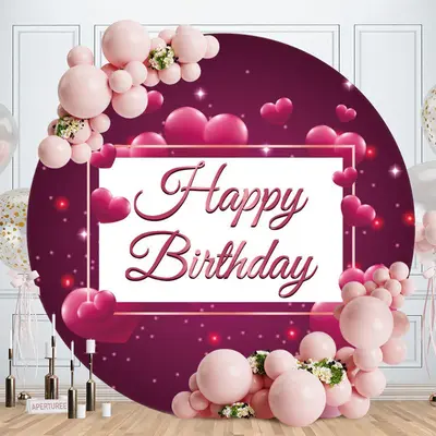 Aperturee Rose Pink Love Round Happy Birthday Backdrop