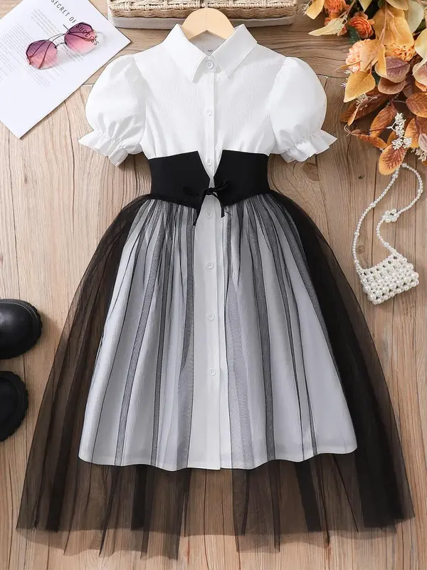 Girl's Contrast Mesh Short Sleeve Dress, Elegant Fashion Casual A Line Dress for Daily Outdoor Wear, Toddler Girls Dress for ...