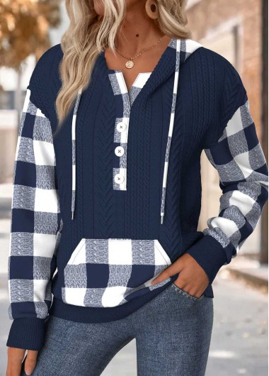 Modlily Navy Tummy Coverage Plaid Long Sleeve Hoodie - XXL