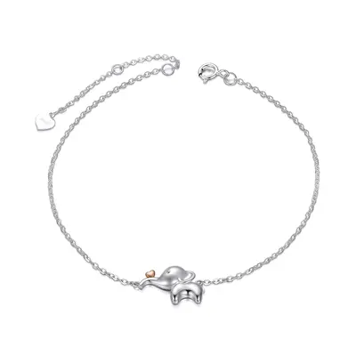 14K Gold Two-Tone Elephant & Heart Single Layer Anklet For Women